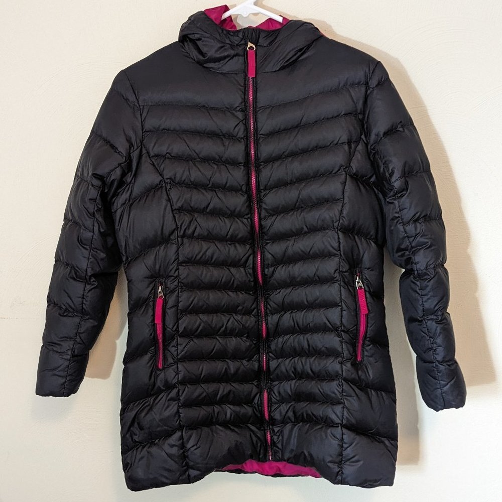 Eddie Bauer Down Long Tunic Length Puffer Parka Coat Black Fushcia Girls L 14-16 - Picture 1 of 16